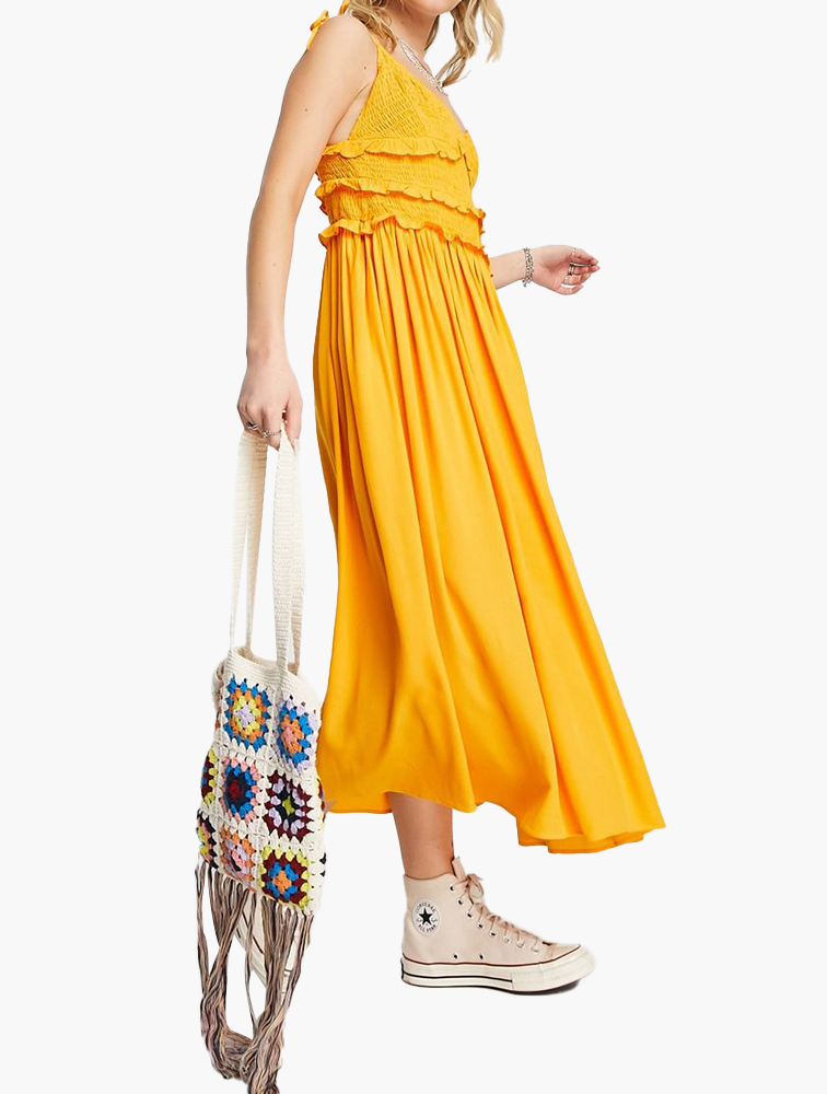 MyRunway Shop Yellow Shirred Ruffle Midi Dress for Women from